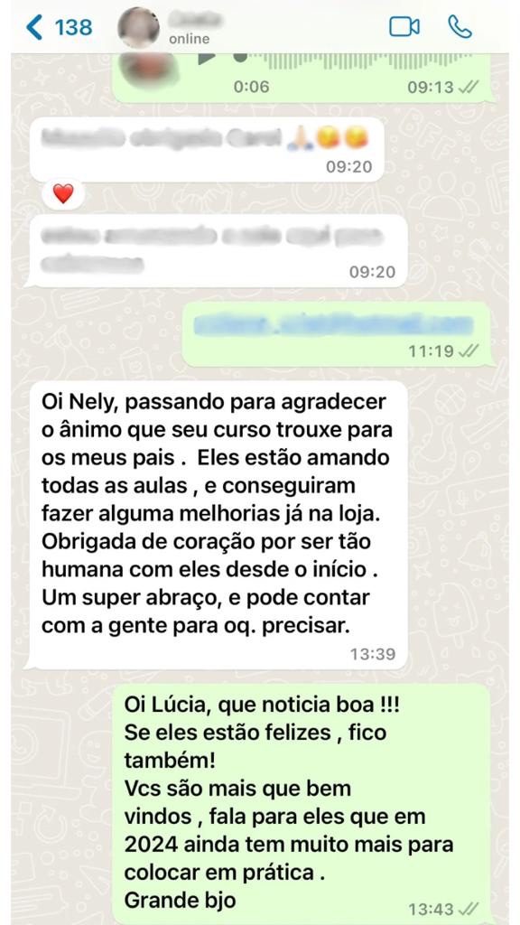Depoimento de aluno no WhatsApp